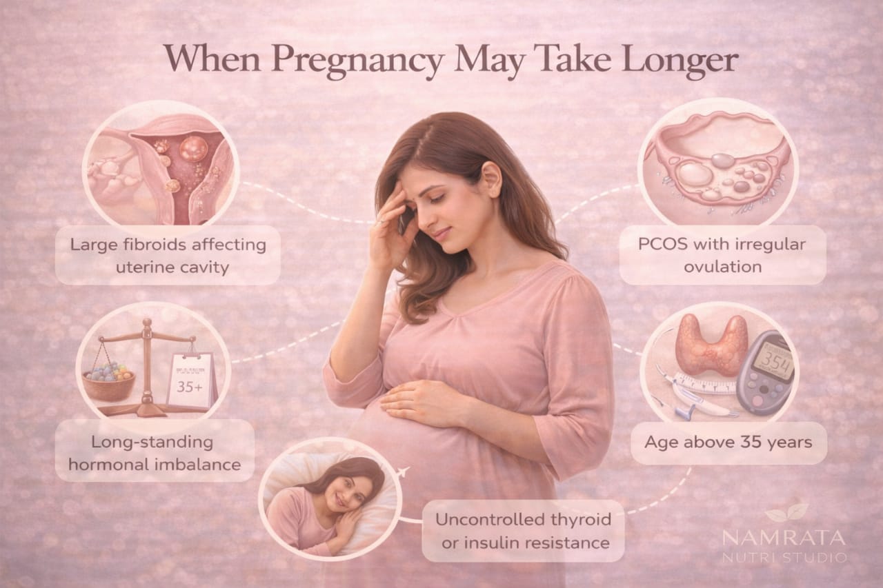 Factors that may delay pregnancy such as fibroids, PCOS, hormonal imbalance and age
